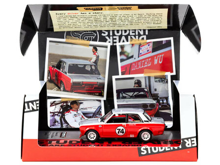 Tarmac 1:64 Datsun 510 no 74 Daniel Wu &quot;Trans-Am B-Sedan 2.5 Challenge&quot; (2023) Silver and Red &quot;Hobby64&quot;