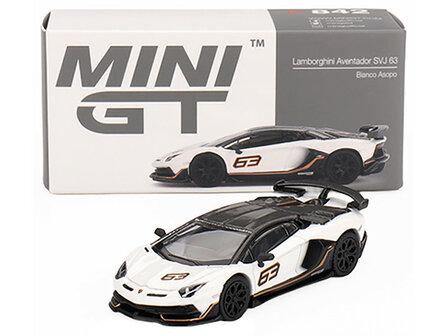 Mini GT 1:64 Lamborghini Aventador SVJ 63 Bianco Asopo White with Carbon Top LHD