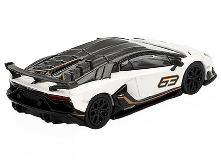 Mini GT 1:64 Lamborghini Aventador SVJ 63 Bianco Asopo White with Carbon Top LHD