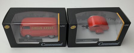 Cararama 1:43 Set Circus Krone - Volkswagen T1 Transporter met caravan rood