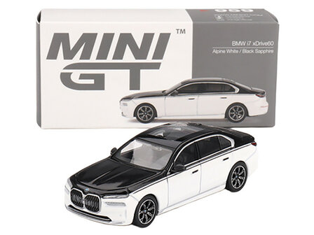 Mini GT 1:64 BMW i7 xDrive60 Dravit Alpine White and Black Sapphire LHD