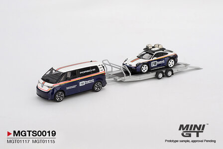 Mini GT 1:64 Set Porsche Centrum Gelderland Roughroads met Porsche 911 Dakar no 718 &amp; Volkswagen ID. Buzz &amp; Trailer. Verwacht 02-2026