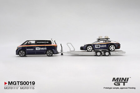 Mini GT 1:64 Set Porsche Centrum Gelderland Roughroads met Porsche 911 Dakar no 718 &amp; Volkswagen ID. Buzz &amp; Trailer. Verwacht 02-2026