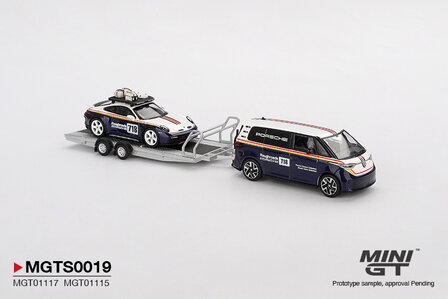 Mini GT 1:64 Set Porsche Centrum Gelderland Roughroads met Porsche 911 Dakar no 718 &amp; Volkswagen ID. Buzz &amp; Trailer. Verwacht 02-2026