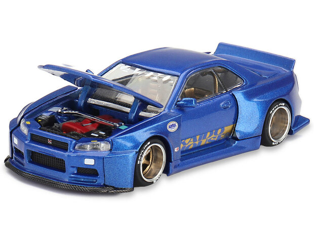 Mini GT 1:64 Nissan Skyline GT-R (R34) "SHINJUKU V2 Aero" Blue Metallic (Designed by Jun Imai) "Kaido House" Special , RHD