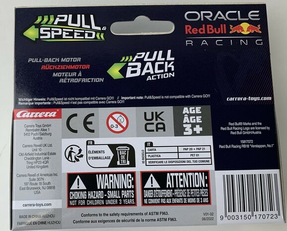 Carrera 1:43 Red Bull Racing RB18 No1 Max Verstappen, Diecast pull back