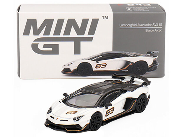 Mini GT 1:64 Lamborghini Aventador SVJ 63 Bianco Asopo White with Carbon Top LHD