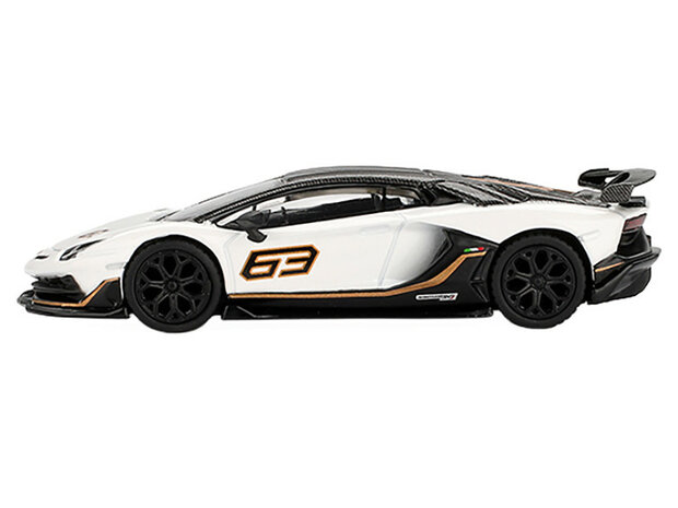 Mini GT 1:64 Lamborghini Aventador SVJ 63 Bianco Asopo White with Carbon Top LHD