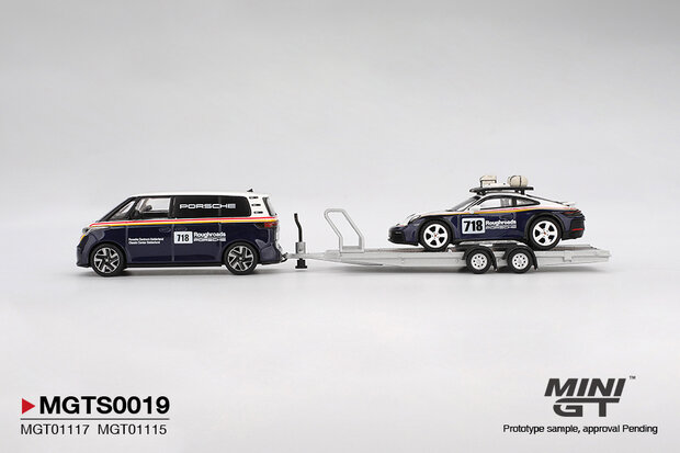 Mini GT 1:64 Set Porsche Centrum Gelderland Roughroads met Porsche 911 Dakar no 718 & Volkswagen ID. Buzz & Trailer. Verwacht 02-2026