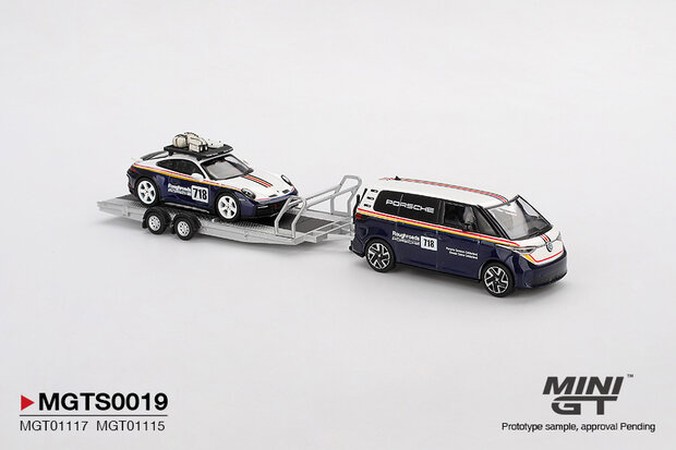 Mini GT 1:64 Set Porsche Centrum Gelderland Roughroads met Porsche 911 Dakar no 718 & Volkswagen ID. Buzz & Trailer. Verwacht 02-2026