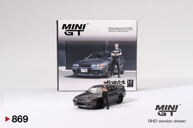 Mini GT 1:64 Nissan Skyline GT-R (R32) Gunmetal W/ Matsuda Figure Tsugio Matsuda Collection RHD