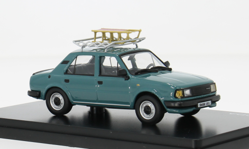 Abrex 1:43 Skoda 120L 1984 met slee, Turquoise- in vitrine