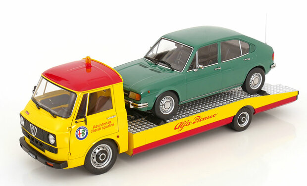 Mitica 1:18 Alfa Romeo A12 (F12) - ALfa Romeo Assistenza Clienti Sportivi - sleepwagen 1977 geel/rood excl. lading