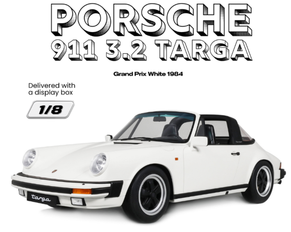 GT Spirit 1:8 Porsche 911 3.2 Targa Grand Prix white 1984 in vitrine. Levering 01-2027