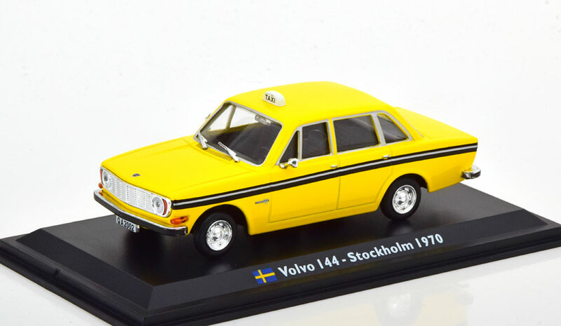 Atlas 1:43 Volvo 144S 1970 geel Stokholm Taxi in blisterverpakking Taxi Collection