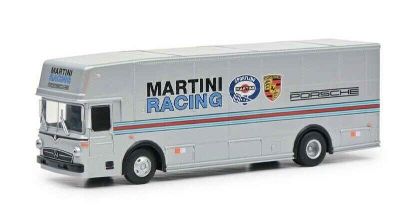 Schuco 1:64 Mercedes Benz O317 Renntransporter Martini Racing Porsche zilver