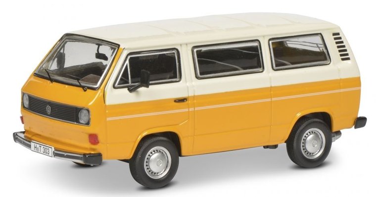 Schuco 1:43 Volkswagen T3, set 3 autos met T3 Van, Mini bus, Pickup Telonato 1979, in vitrine