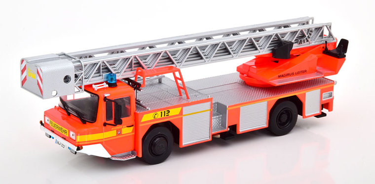 Atlas 1:43 Iveco Magirus DLK 23-12 brandweer Duistland oranje wit in blisterverpakking