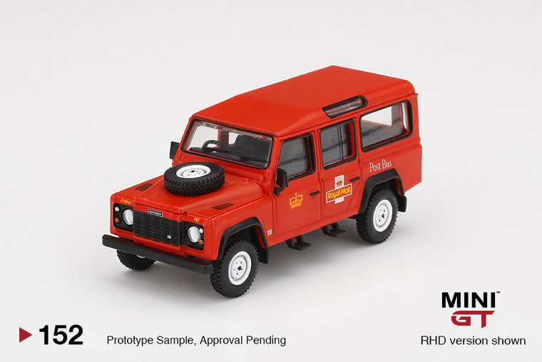 Mini GT 1:64 Land Rover Defender 110 Royal Mail Post Bus rood, Mijo Exclusief, RHD
