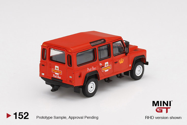 Mini GT 1:64 Land Rover Defender 110 Royal Mail Post Bus rood, Mijo Exclusief, RHD