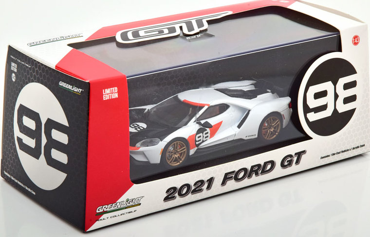 Greenlght 1:43 Ford GT no 98 Heritage Edition 2021 wit oranje zwart