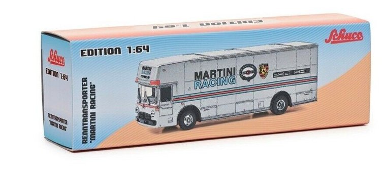 Schuco 1:64 Mercedes Benz O317 Renntransporter Martini Racing Porsche zilver