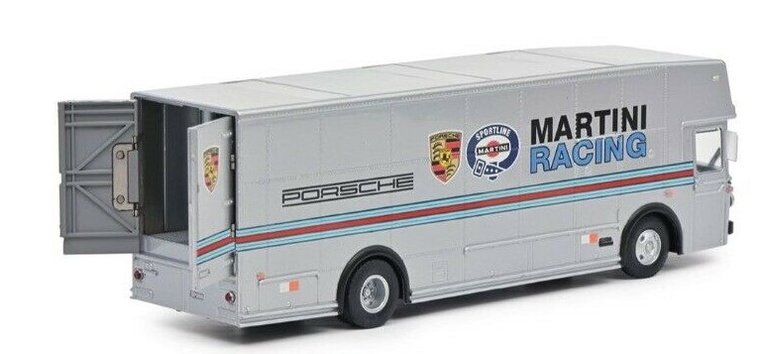 Schuco 1:64 Mercedes Benz O317 Renntransporter Martini Racing Porsche zilver