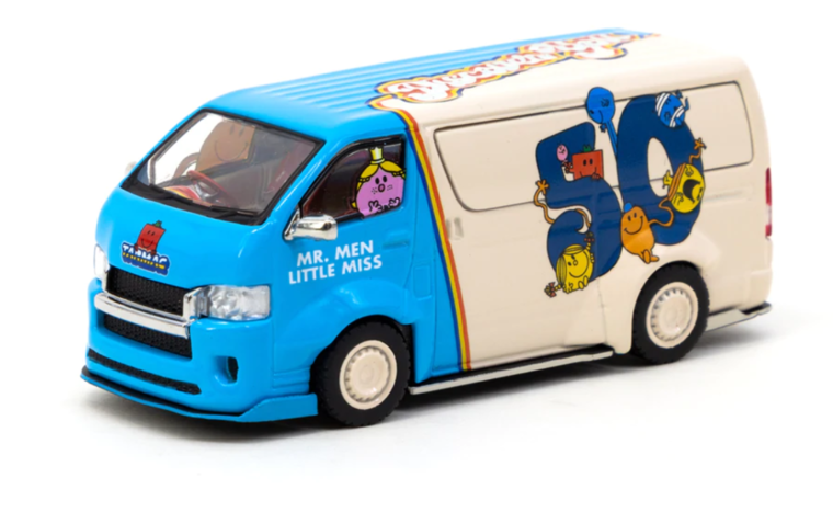 Tarmac 1:64 Toyota Hiace Widebody Mr. Men Little Miss 50th Anniversary, with Oil Can  blauw wit