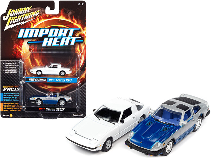 Johnny Lightning 1:64 Import Heat Set 2 Cars Mazda RX7 1982 en Datsun 280ZX 1981 blauw zilver
