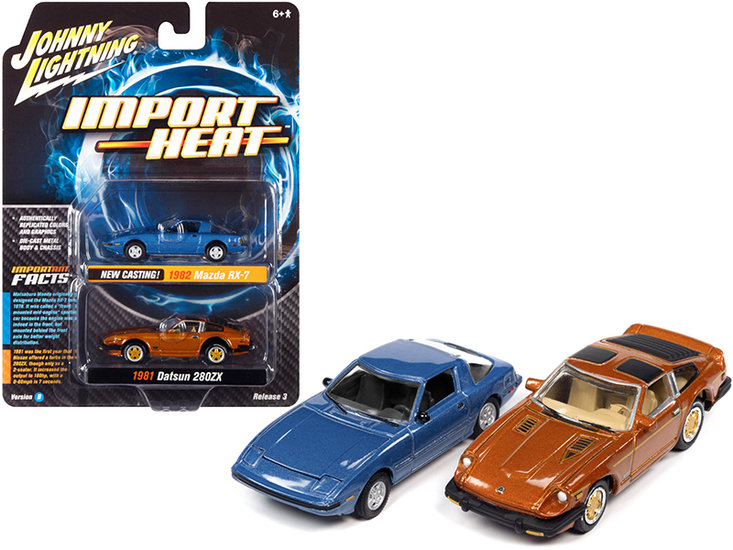 Johnny Lightning 1:64 Import Heat Set 2 Cars Mazda RX7 1982 blauw metallic en Datsun 280ZX 1981 oranje mist metallic