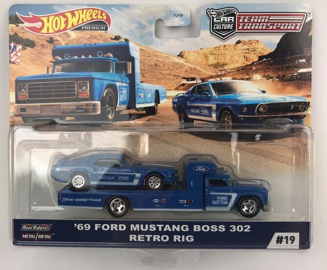 HotWheels 1:64 Ford Mustang Boss 302 1969 Retro Rig Team Transport 2020 no 19 blauw