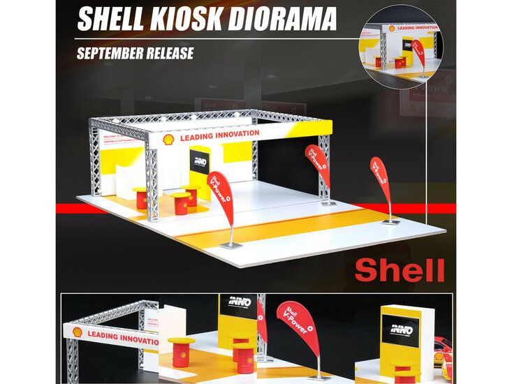 Inno Models 1:64 Exhibition Kiosk &quot;Shell Oil: Leading Innovation&quot; Diorama set geel wit rood, cars excl.