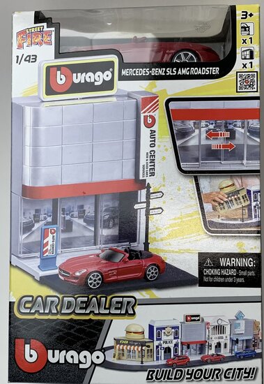 Bburago 1:43 Bburago City Car Dealer with Mercedes Benz SLS AMG Roadster rood - Build Your City Kit