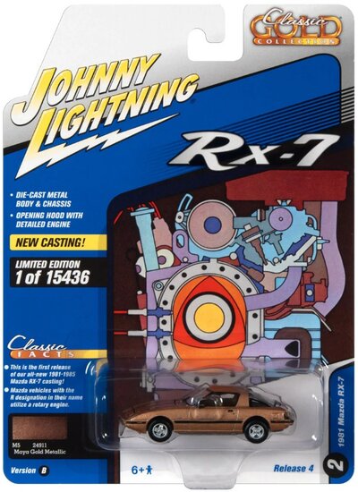 Johnny Lightning 1:64 Mazda RX7 1981 Maya goud metallic