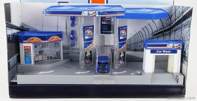 Motor Max  1:64 Diorama Gulf Electronic Gas Station met Tanker wit blauw met licht en geluid