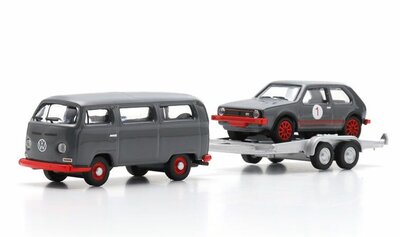 Schuco 1:87 Set Volkswagen T2 Bus met trailer en Volkswgen Golf I GTI grijs