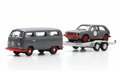 Schuco 1:87 Set Volkswagen T2 Bus met trailer en Volkswgen Golf I GTI grijs